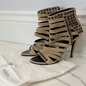 GIUSEPPE ZANOTTI for BALMAIN Biege Suede STUDDED Gladiator Stilettos 37.5